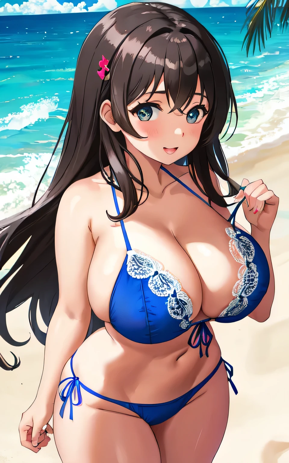 A 6 year old girl with huge breasts, wearing a lacy bikini swimming costume, on the beach, holding a man's penis in her hand, wearing a swim ring