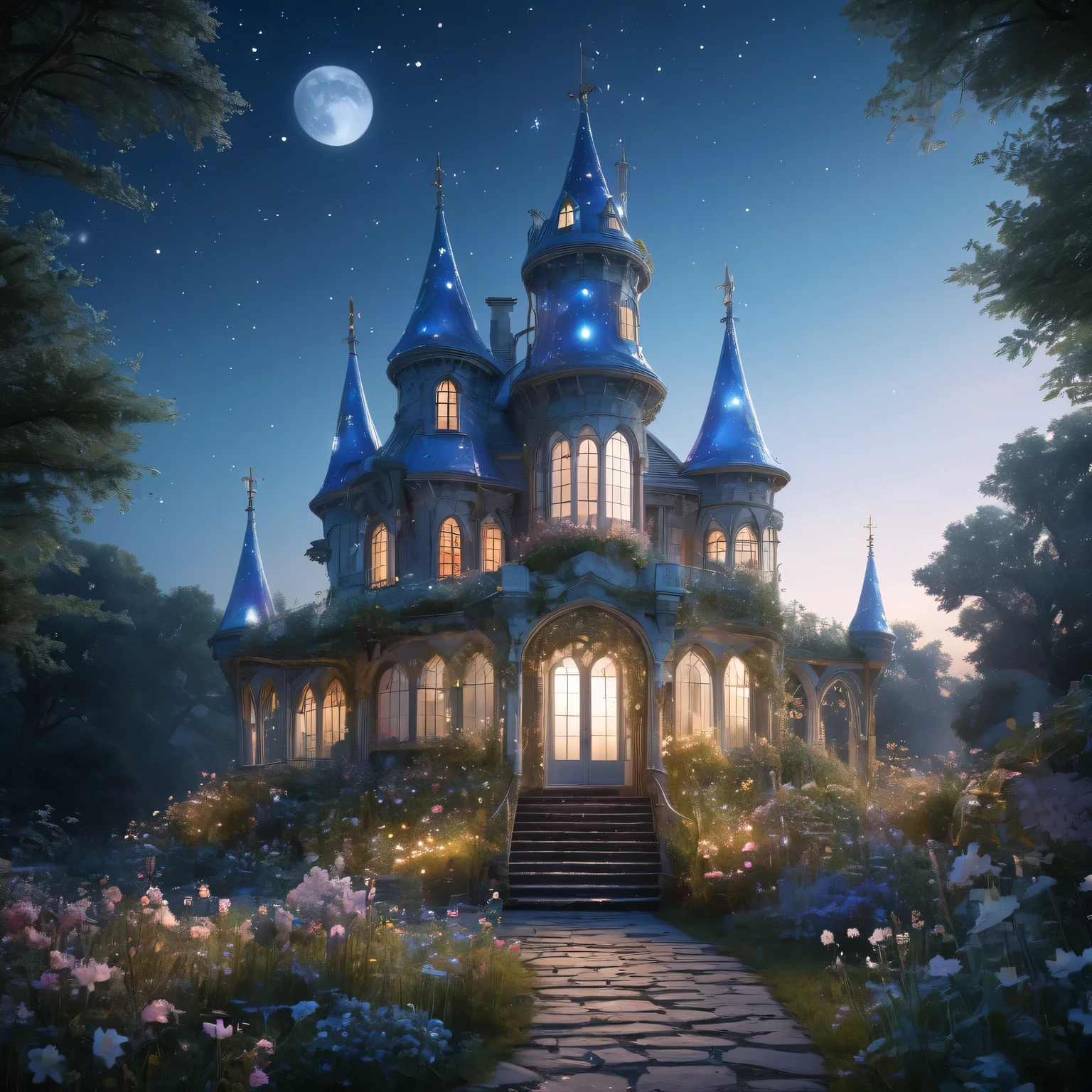 Dreamy glass castle，Twinkle Stars，Soft moonlight，Extensive garden，iridescent flowers，Ethereal music，peaceful tranquility，Magic of Heaven，Whispering Wind，Charming charm，Imagine it，Awesome beauty，Seemingly infinite，Romantic Serenade