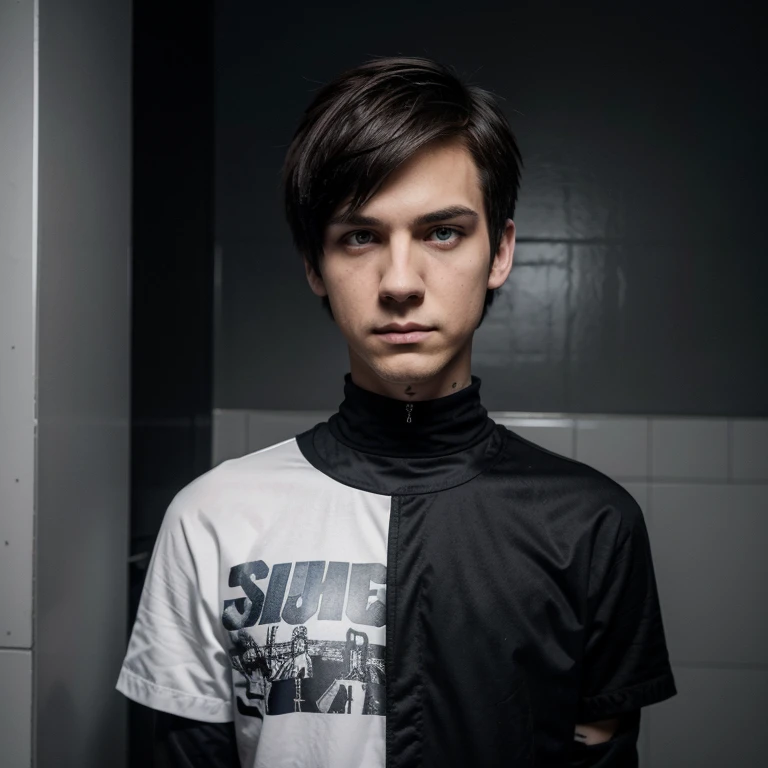 He is an emo boy, white complexion, slim, grayish blue eyes, dark brown hair, short emo hairstyle and he is 1.91 cm tall, very handsome, Polish and looks like the character called Dominik santorski From the movie suicide room Do it With suck face  ,camera perspective selfie , wearing emo clothes 
