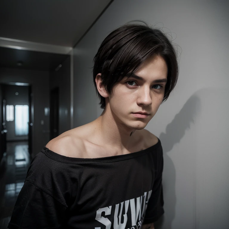 He is an emo boy, white complexion, slim, grayish blue eyes, dark brown hair, short emo hairstyle and he is 1.91 cm tall, very handsome, Polish and looks like the character called Dominik santorski From the movie suicide room Do it With suck face ,camera perspective selfie , wearing emo clothes
