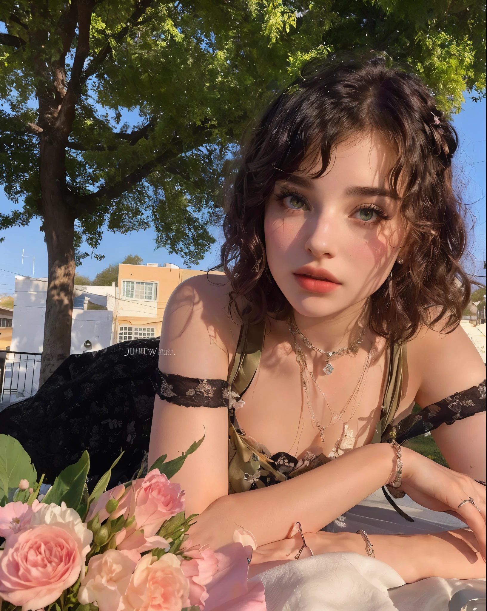 there is a woman sitting at a table with a bouquet of flowers, 🤤 girl portrait, goth girl aesthetic, cynthwave, beautiful and aesthetic, joey king, portrait sophie mudd, young beautiful amouranth, 19-year-old girl, attractive girl, curly bangs, finn wolfhard, beautiful pretty young, beautiful aesthetic, sexy girl with green eyes