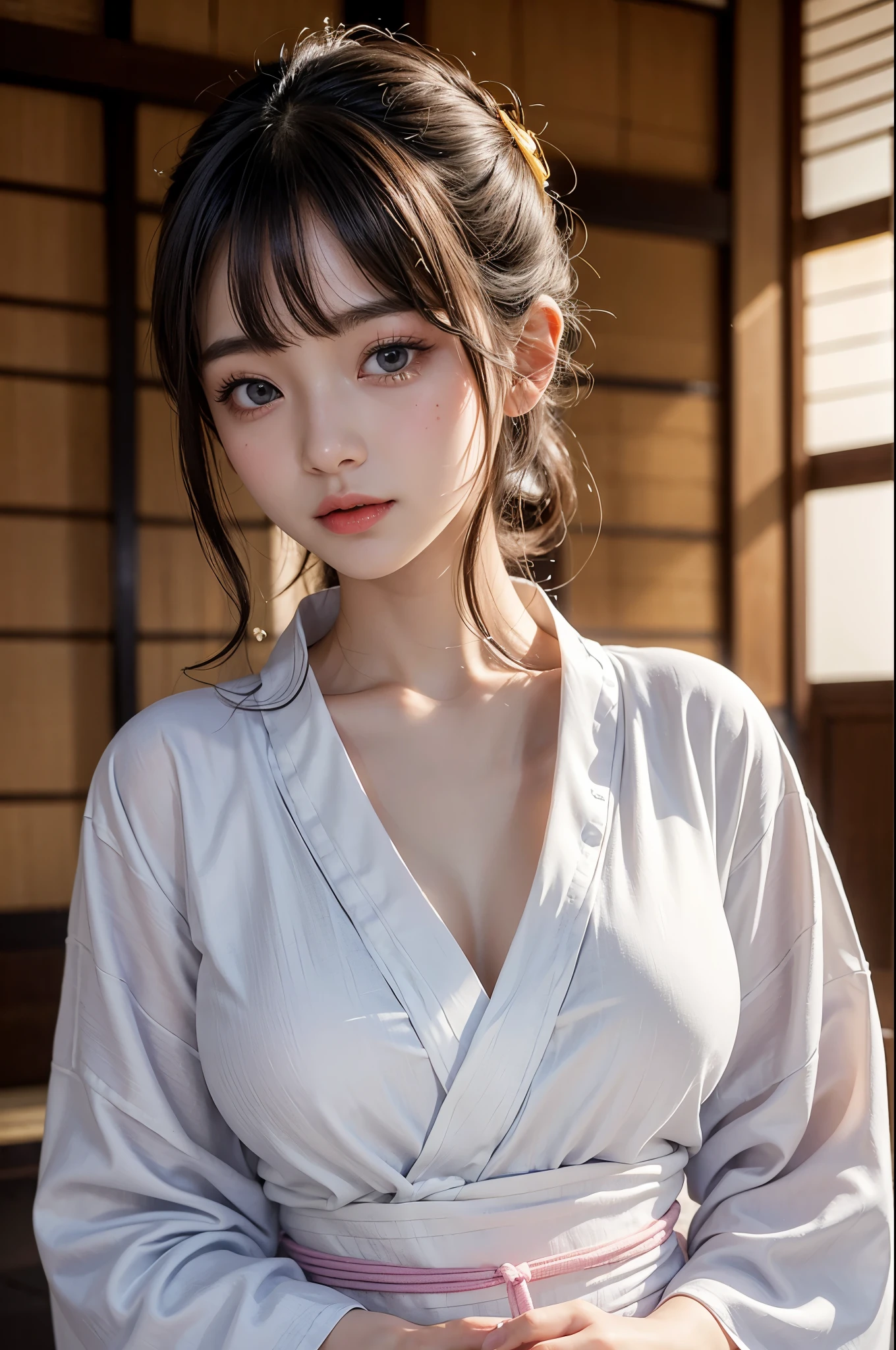 Veranda、Open yukata、White yukata、(((Fully open yukata:1.4)))、((No makeup:1.2))、（no bra:1.5）、（open clothes:1.4）、(Sexual scenes)Cute Japanese Woman、22 years old、Young girl、1 girl、Has bangs、double eyelid、purity、Transparent fair skin、Fluffy hair、Red cheeks、Bright atmosphere、(Very large round breasts:1.3)、Beautiful Eyes、Detailed eyes、It is detailed、Long eyelashes、美しいdouble eyelid、Quite embarrassed look、Red cheeks,Duck Mouth、Camera angle from below、looking at the camera