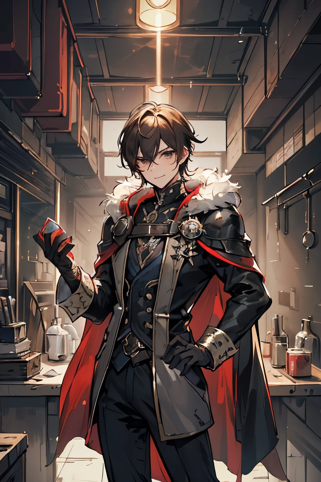 (masculine, man, boy, masculine person, guy),  adult, man, (dungeon diver, dungeon delver, helldiver, dungeon), renaissance, renaissance style, renaissance outfit, frilly, suit, black suit, (ash dark brown hair, fluffy hair), cloak, frontliner, Physically strong, Getting out of the most absurd situations, ex-knight, poor, thin, bandages, bruised, damaged, scarred, damaged outfit, entertainer, happy, enthusiastic, Thomas Reicher, toodoloo, glass breaking, tweakin