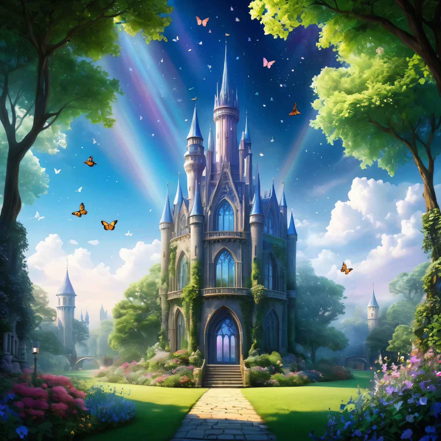 Fantasy huge glass castle,The gleaming majestic tower,Extensive garden,Butterflies flying,Twinkle Stars,Soft moonlight,Twinkling stardust,Hazy mist,Royal buildings,Vibrant stained glass windows,Carefully carved,Medieval fantasy,Ethereal music,peaceful tranquility,Peaceful waterfall,iridescent flowers,Magic of Heaven,Whispering Wind,Charming charm,Imagine it,Awesome beauty,Seemingly infinite,Romantic Serenade