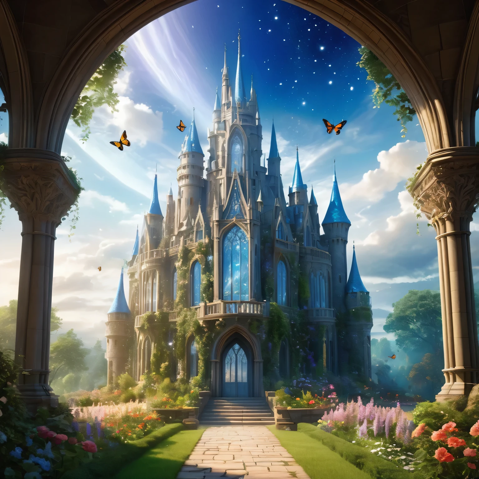 Fantasy huge glass castle,The gleaming majestic tower,Extensive garden,Butterflies flying,Twinkle Stars,Soft moonlight,Twinkling stardust,Hazy mist,Royal buildings,Vibrant stained glass windows,Carefully carved,Medieval fantasy,Ethereal music,peaceful tranquility,Peaceful waterfall,iridescent flowers,Magic of Heaven,Whispering Wind,Charming charm,Imagine it,Awesome beauty,Seemingly infinite,Romantic Serenade