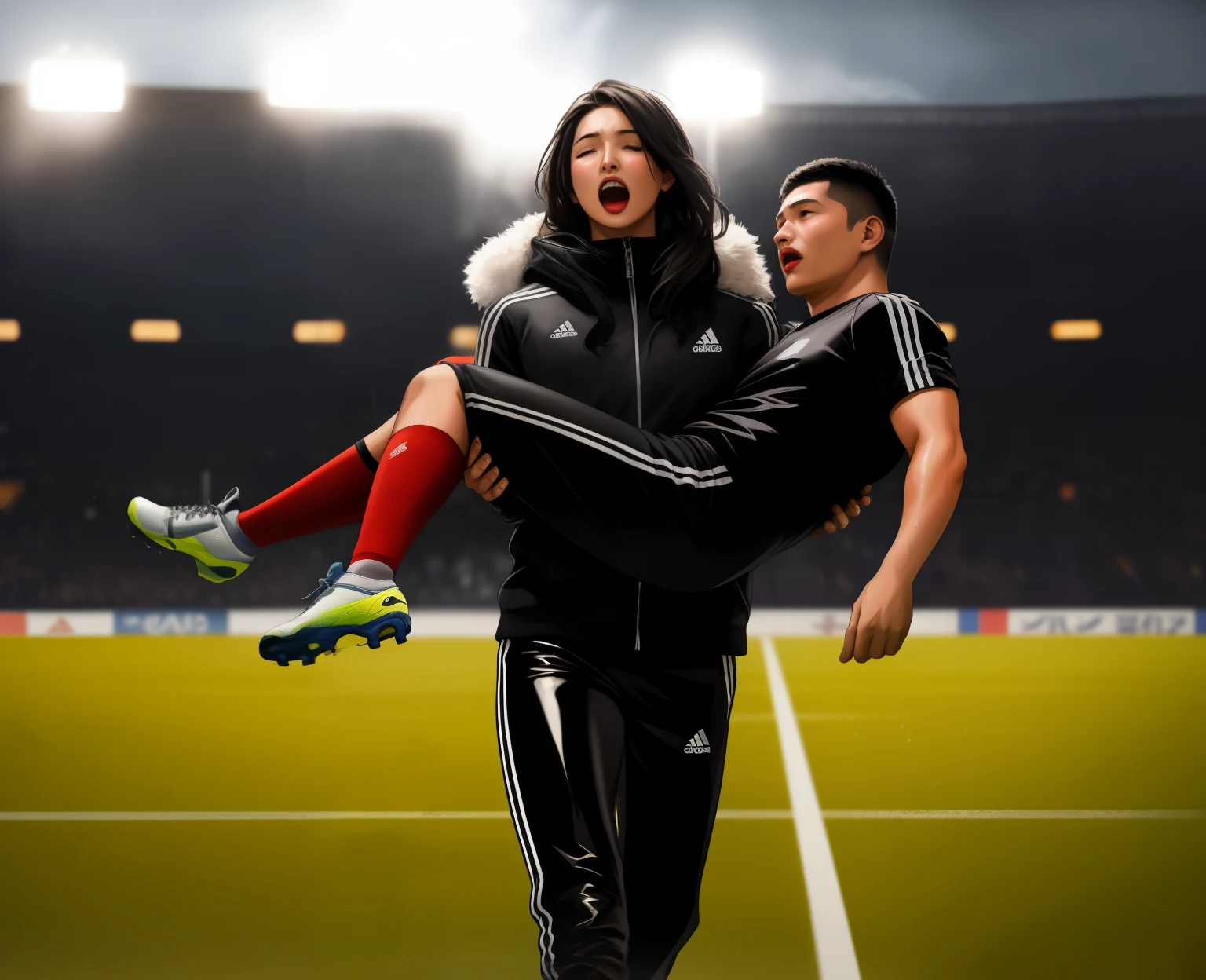a shouting chinese womanl in a laquered and very shiny quilted coat carries a man, a chinese woman carries a male soccer player, a chinese woman carries a male soccer player in her arms, rainy weather, rainfall, humid, girl carries guy, lift and carry, an excessively madeup chinese woman in a high-shine wet black latex downcoat, a soccer scene, very matte cotton soccer sportswear on a well shaped male body, a soccer injury, first aid carry at a soccer match, a young madeup latino-girl in a shiny black vinyl downjacket, a madeup latino-girl in a shiny plastic-downcoat, a very sad and desperately crying latino-girl, an intensely madeup latino-girl in a glossy black vinyl-downcoat, latino-girl with lipstick, latino-girl with smoky eyes, dramatic action pose, woman that is carrying a skinny shorthaired man, there is a beautiful woman in a shiny coat who is carrying a shorthaired blond man in her arms, a longhaired beautiful woman in a high-shine black puffy coat, a longhaired woman in a shiny downcoat, a woman is carrying a shorthaired man who is wearing black shorts, a weak shorthaired man in black shorts is consciousless and needs to be carried, a shorthaired man with closed eyes is carried in the arms of a longhaired latino-woman, a latino-woman looks very scared and terrified, a consciousless shorthaired man with closed eyes is suffering very much and has a very painful face, photo, photo shoot, photographed, arafed man being carried by a woman, very realistic, very very realistic, hyper-realistic, hyper - realistic, hyper realistic, jacket over bare torso, very disturbing, very hyperrealistic, super realistic, hyperrealistic!, extremely realistic, very very very realistic, super-realistic realistic, super-realistictic!, extremely realistic, very very very realistic, super-realistic realistic, super-realistic