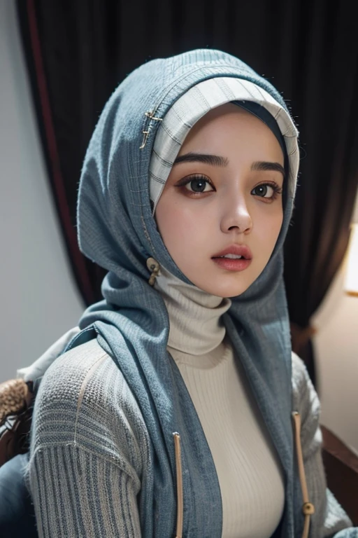 (RAW photo, best quality), POV, (realistic, photo-realistic:1.3), ((Sweaters Outfits)), HIJAB OUTFITS DRESS, best quality of Hijab Girl, Full Hijab Dress, highly detailed, masterpiece, ultra-detailed, illustration, 1girl, upper_body, dynamic angle, world masterpiece hijabi, extremely detailed CG unity 8k wallpaper, ink, Amazing, cinematic lighting, full body photo shot 
