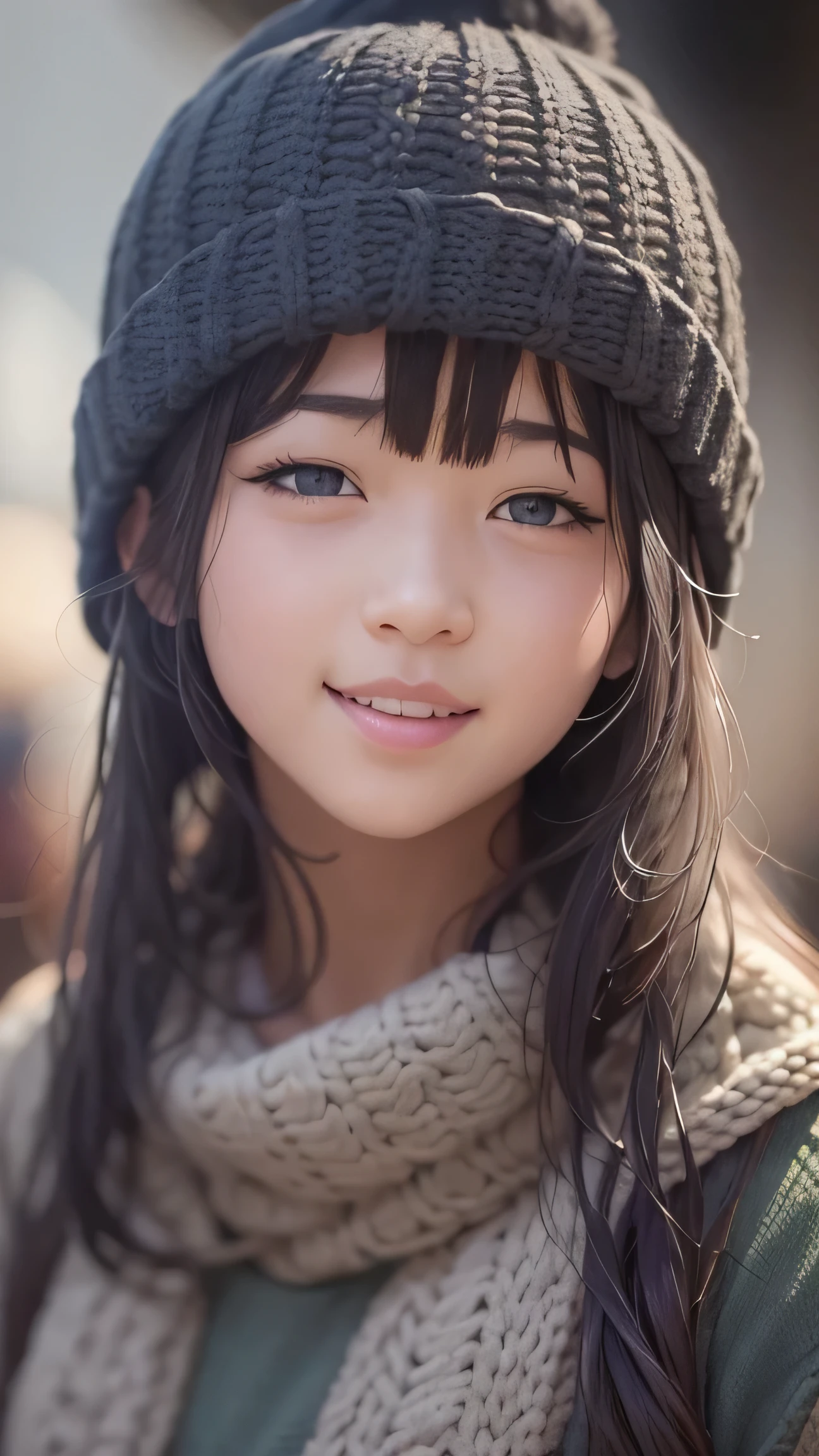 (( SFW: 1.4)), (( Detailed face)), (( SFW, Knitted hat , smile , Outdoor, 1 girl)), Ultra-high resolution, (Realistic: 1.4), RAW Photos, highest quality, (PhotoRealistic Stick), concentrated, Soft Light, (()), ((Japanese)), (( (Young Face))), (surface), (Depth of written boundary), masterpiece, (Realistic), woman, bangs, ((1 girl))