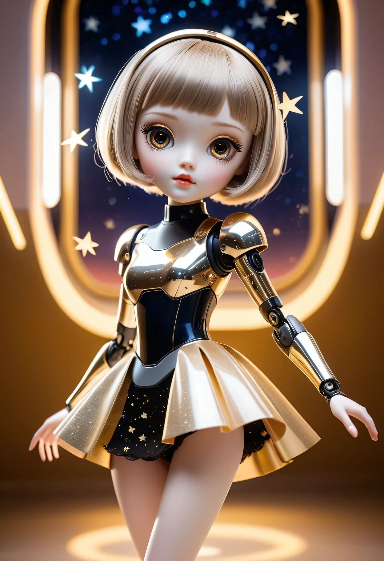 (a futuristic mechanical doll,small-sized:1.1,captured:0.9),movable joints,shiny surface,beautiful detailed eyes and lips,long lashes,bionic arms and legs,short bob haircut,playful expression,sparkling dress,fluttering skirt,high-heeled shoes,golden key accessories,ethereal background,sparkling stars,soft and warm lighting,portrait style,vibrant colors,pastel tones