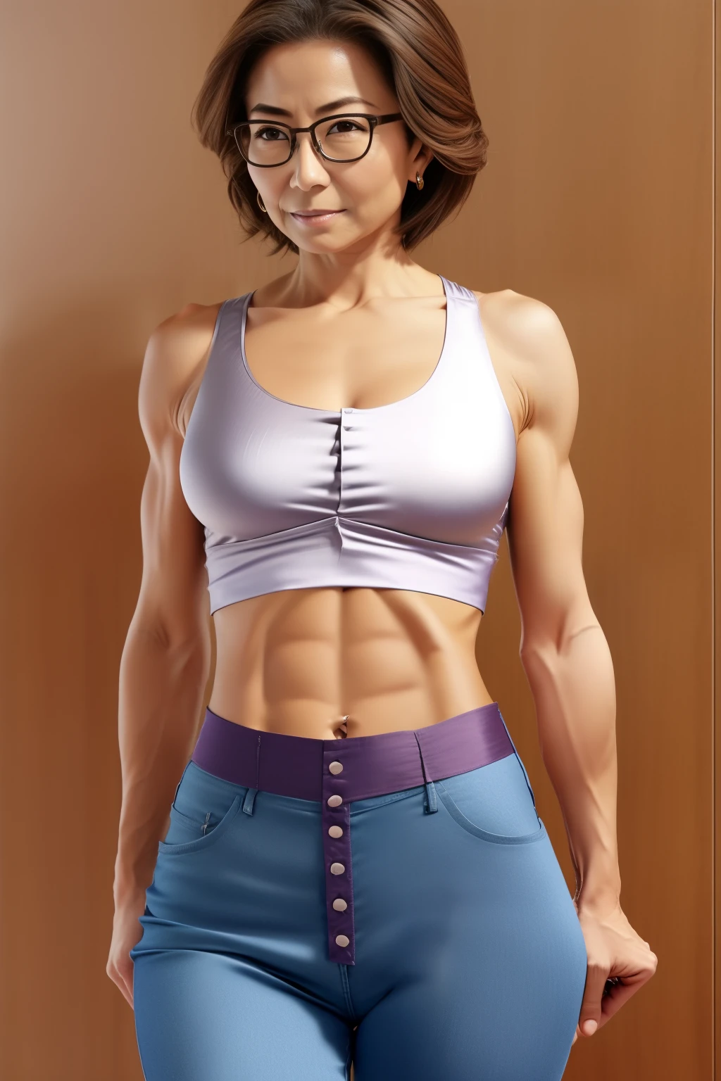 An older woman with glasses and very short hair、He is wearing a revealing, unbuttoned silk stretch shirt.。, Low rise super tight jeans, (Abdominal muscles:1.5)