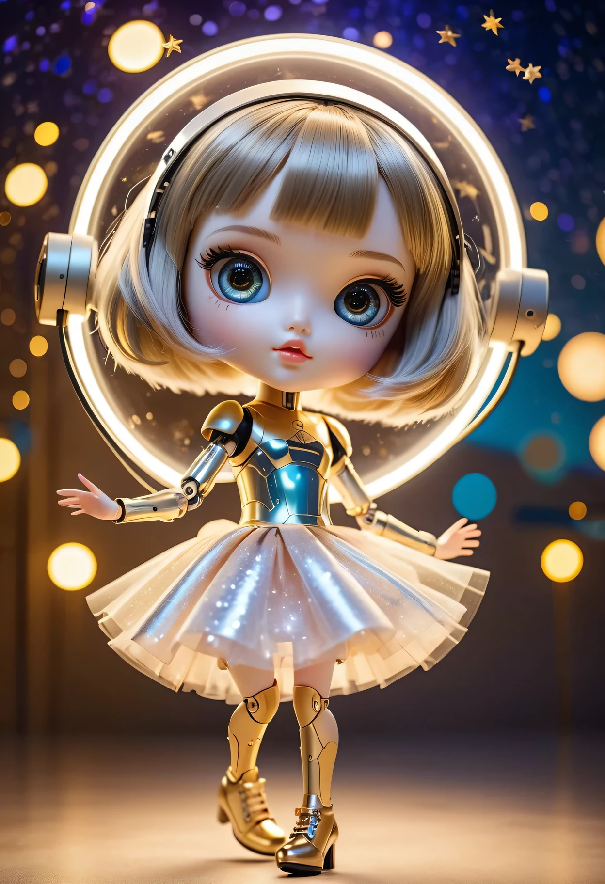 (a futuristic mechanical doll,small-sized:1.1,captured:0.9),movable joints,shiny surface,beautiful detailed eyes and lips,long lashes,bionic arms and legs,short bob haircut,playful expression,sparkling dress,fluttering skirt,high-heeled shoes,golden key accessories,ethereal background,sparkling stars,soft and warm lighting,portrait style,vibrant colors,pastel tones