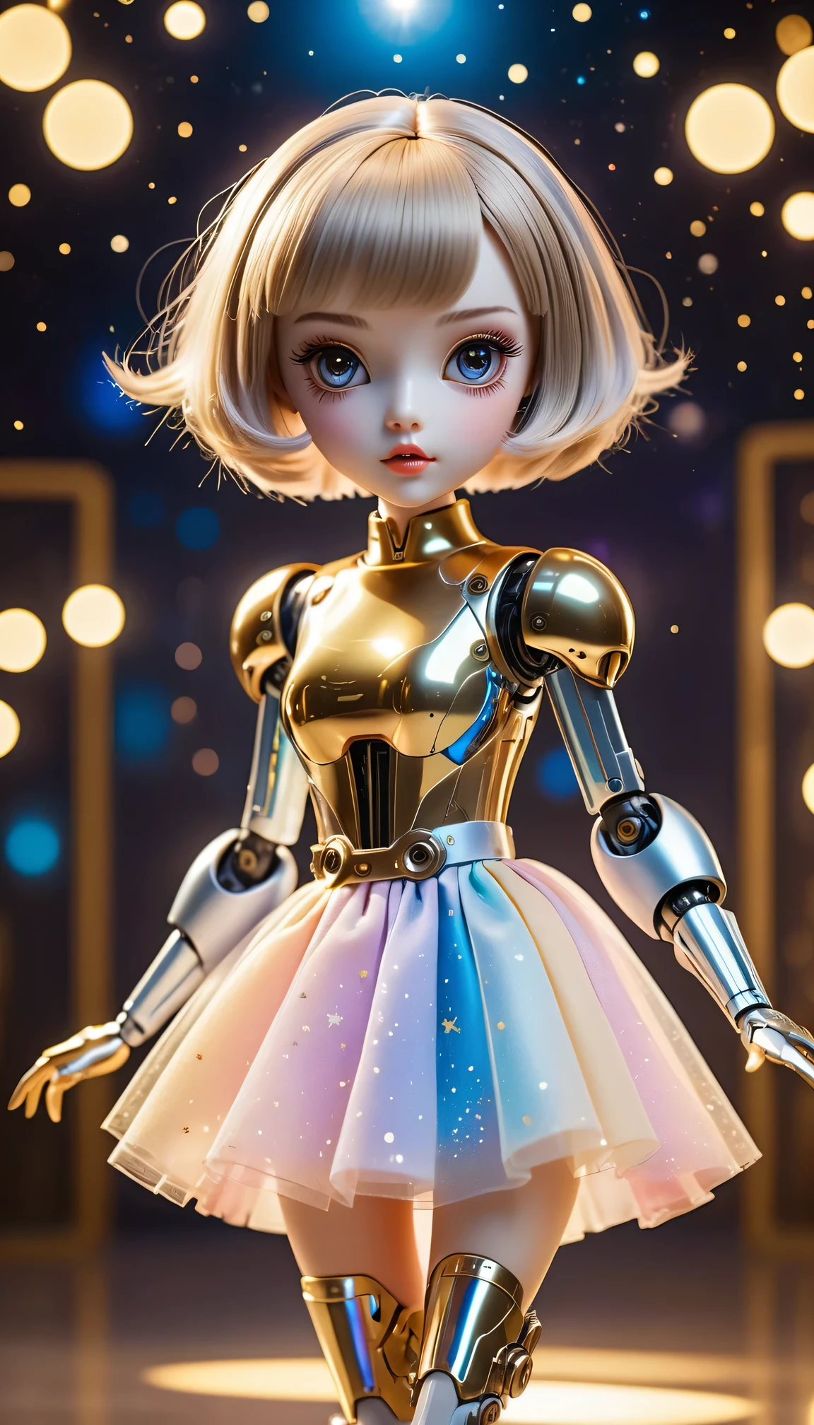 (a futuristic mechanical doll,small-sized:1.1,captured:0.9),movable joints,shiny surface,beautiful detailed eyes and lips,long lashes,bionic arms and legs,short bob haircut,playful expression,sparkling dress,fluttering skirt,high-heeled shoes,golden key accessories,ethereal background,sparkling stars,soft and warm lighting,vibrant colors,pastel tones