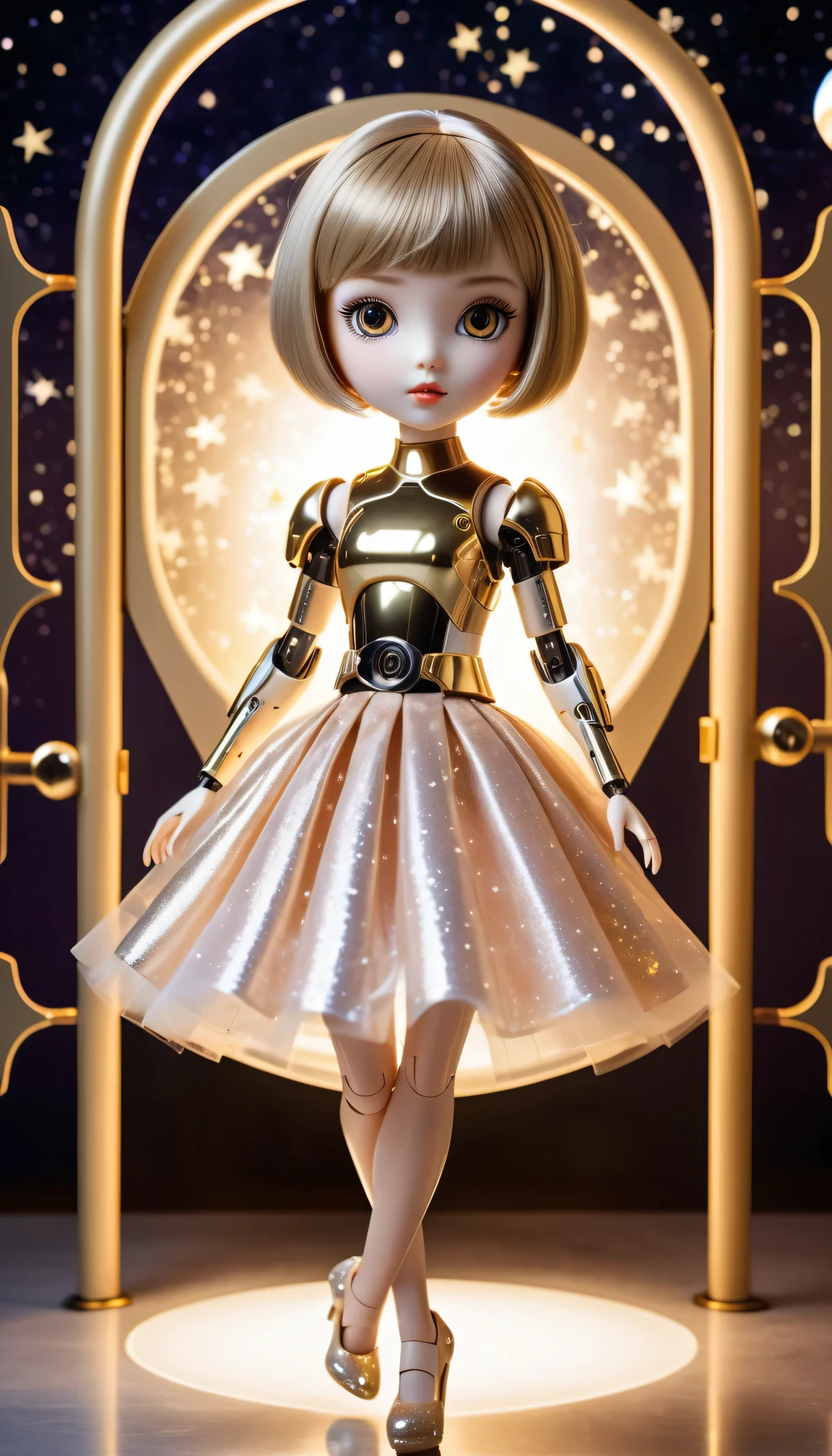 (a futuristic mechanical doll,small-sized:1.1,captured:0.9),movable joints,shiny surface,beautiful detailed eyes and lips,long lashes,bionic arms and legs,short bob haircut,playful expression,sparkling dress,fluttering skirt,high-heeled shoes,full-size photograph, golden key accessories,ethereal background,sparkling stars,soft and warm lighting,vibrant colors,pastel tones