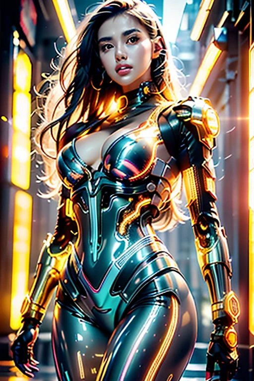 best quality,Masterpiece,very high,only,1 Girl in Bikini Cyber Robot Metal,Neon Reflex,Translucent and shiny metallic pattern,,(Translucent magnetic line:1.2),(Gray silver gold and shimmering light effects.:1.2),