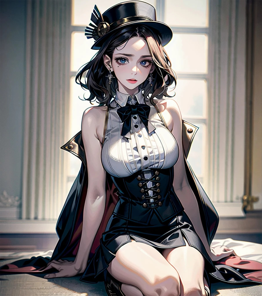 absurdres, RAW photo, extremely delicate and beautiful, masterpiece, Best Quality, ultra high resolution, 32k, hyperrealistic, ultra-detailed, detailed description, pale skin, 20 years old, detailed beautiful face and eyes, tearful mole, earring, Colossal tits, short medium hair, wavy hair, full body shot, alone, steampunk fashion, waistcoat, blouse, hat, boots, short skirt, bare shoulder,