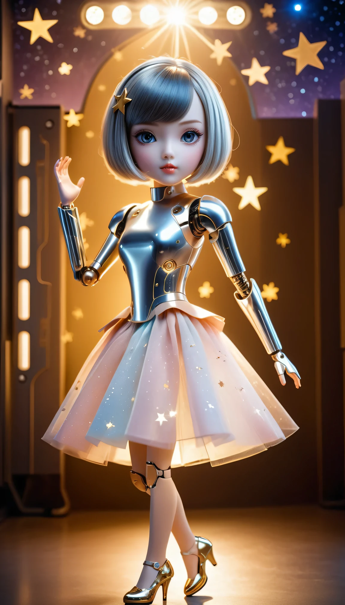 (a futuristic mechanical doll,small-sized:1.1,captured:0.9),movable joints,shiny surface,beautiful detailed eyes and lips,long lashes,bionic arms and legs,short bob haircut,playful expression,sparkling dress,fluttering skirt,high-heeled shoes,golden key accessories,ethereal background,sparkling stars,soft and warm lighting,portrait style,vibrant colors,pastel tones