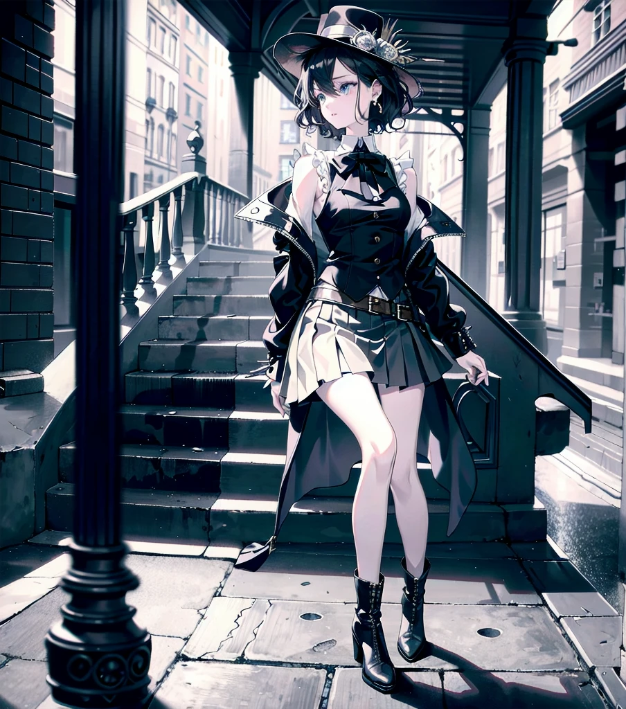 absurdres, RAW photo, extremely delicate and beautiful, masterpiece, Best Quality, ultra high resolution, 32k, hyperrealistic, ultra-detailed, detailed description, pale skin, 20 years old, detailed beautiful face and eyes, tearful mole, earring, Colossal tits, short medium hair, wavy hair, full body shot, alone, steampunk fashion, waistcoat, blouse, hat, boots, short skirt, bare shoulder,