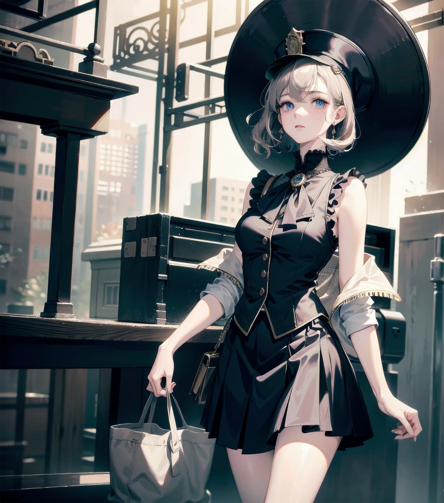 absurdres, RAW photo, extremely delicate and beautiful, masterpiece, Best Quality, ultra high resolution, 32k, hyperrealistic, ultra-detailed, detailed description, pale skin, 20 years old, detailed beautiful face and eyes, tearful mole, earring, Colossal tits, short medium hair, wavy hair, full body shot, alone, steampunk fashion, waistcoat, blouse, hat, boots, short skirt, bare shoulder,