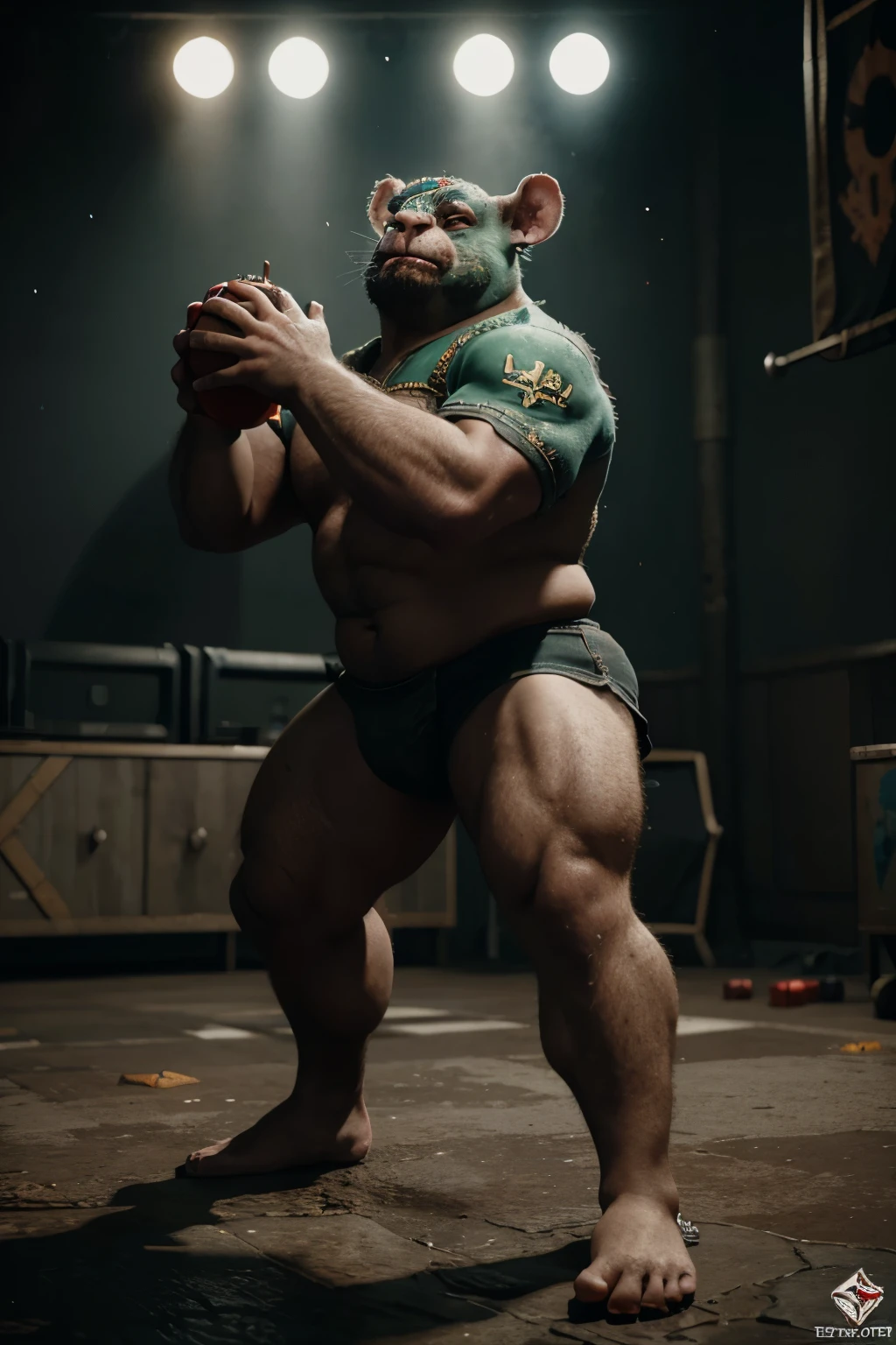 Un rat ogre de l'univers blood bowl en armure, avec une pose menaçante, 4k, video games, Realistic, Ultra detailed.