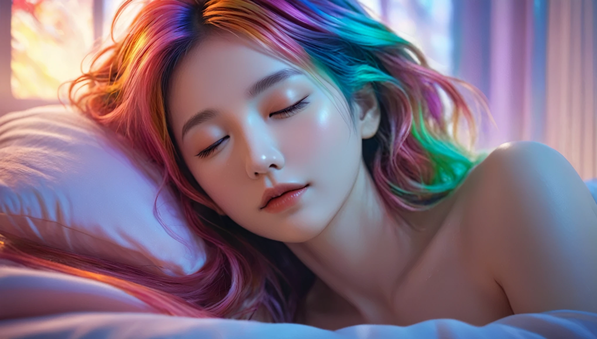 (best quality,8k,ultra-detailed:1.2),(CG,CG art,3D rendering),(masterpiece:1.2),(movie lighting,futuristic),(woman lying in bed,sleeping,closed eyes),(large window behind her,tranquil night),(colorful hair:1.5)