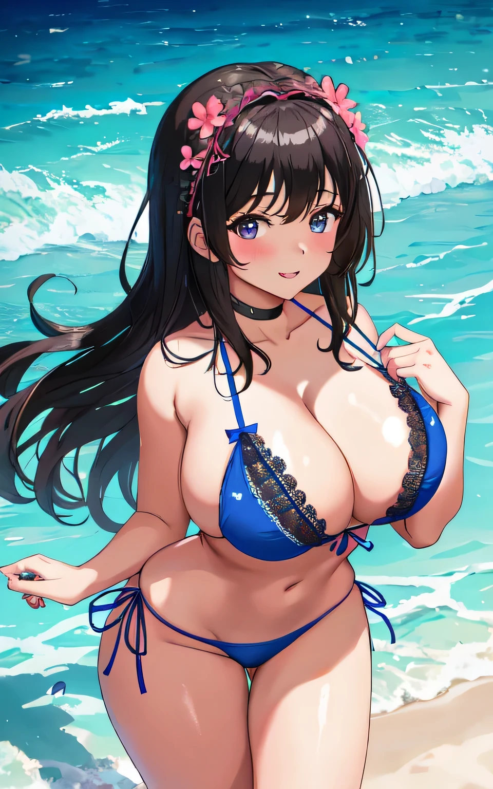 A 6 year old girl with huge breasts, wearing a lacy bikini swimming costume, on the beach, holding a man's penis in her hand, wearing a swim ring