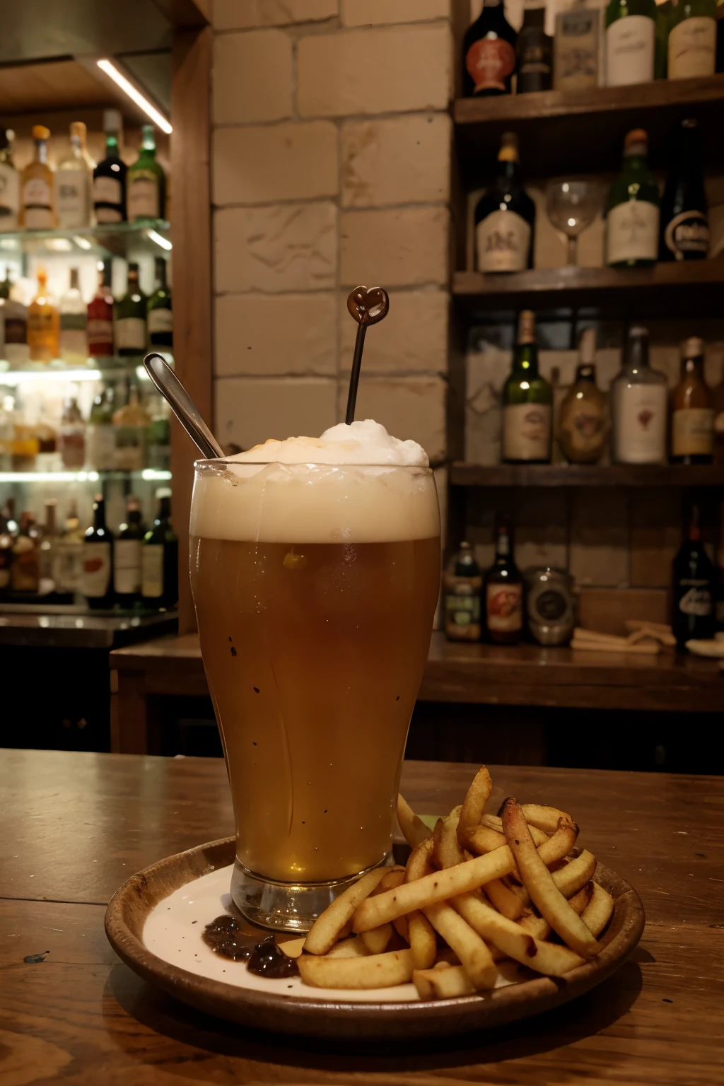 bar rustico, cerveja gelada, steak with fries and image background with bricks