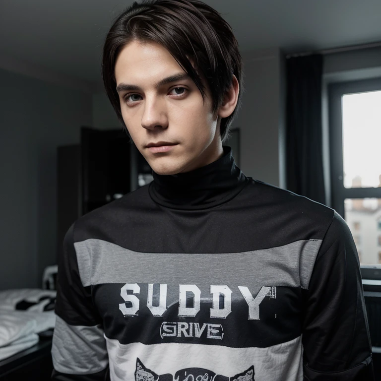 He is an emo boy, white complexion, slim, grayish blue eyes, dark brown hair, short emo hairstyle and he is 1.91 cm tall, very handsome, Polish and looks like the character called Dominik santorski From the movie suicide room Do it drive a cat , the camera perspective selfie , wearing emo clothes