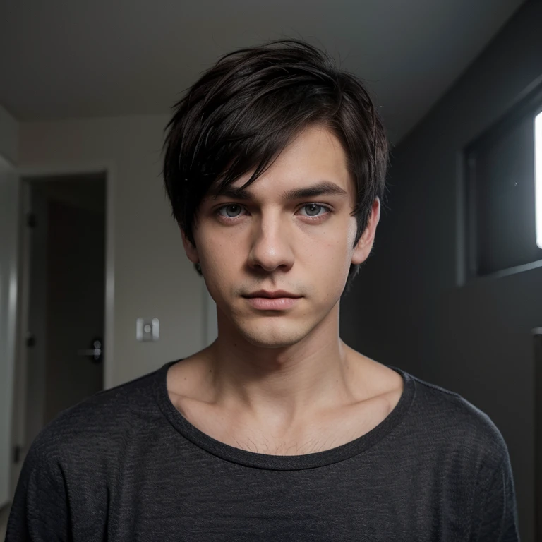 He is an emo boy, white complexion, slim, grayish blue eyes, dark brown hair, short emo hairstyle and he is 1.91 cm tall, very handsome, Polish and looks like the character called Dominik santorski From the movie suicide room Do it drive a cat ,  the camera perspective selfie , wearing emo clothes 
