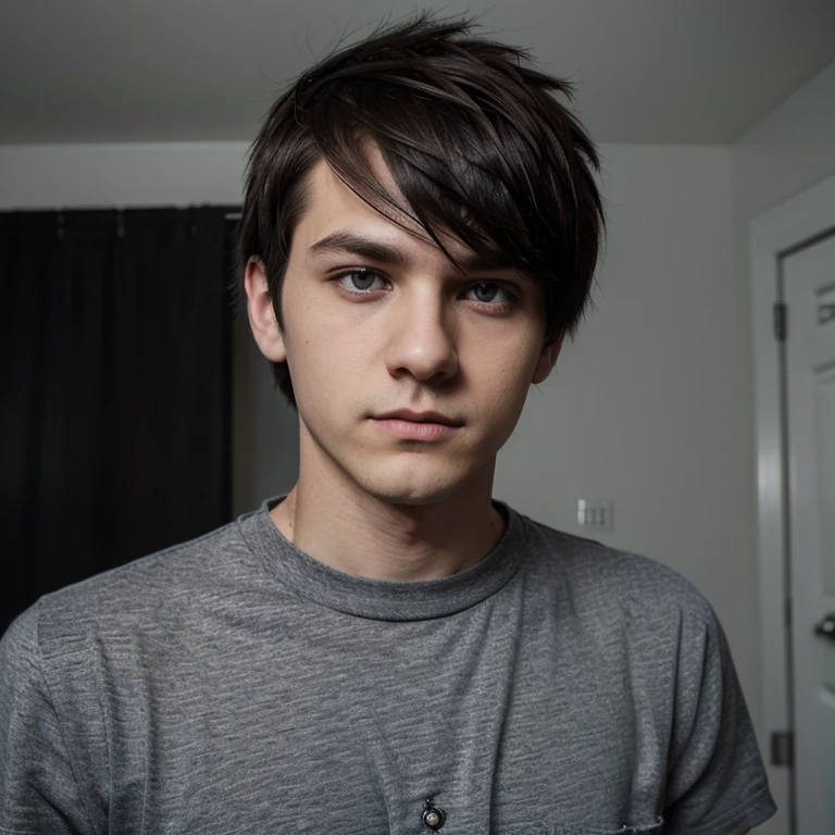 He is an emo boy, white complexion, slim, grayish blue eyes, dark brown hair, short emo hairstyle and he is 1.91 cm tall, very handsome, Polish and looks like the character called Dominik santorski From the movie suicide room Do it drive a cat ,  the camera perspective selfie , wearing emo clothes 
