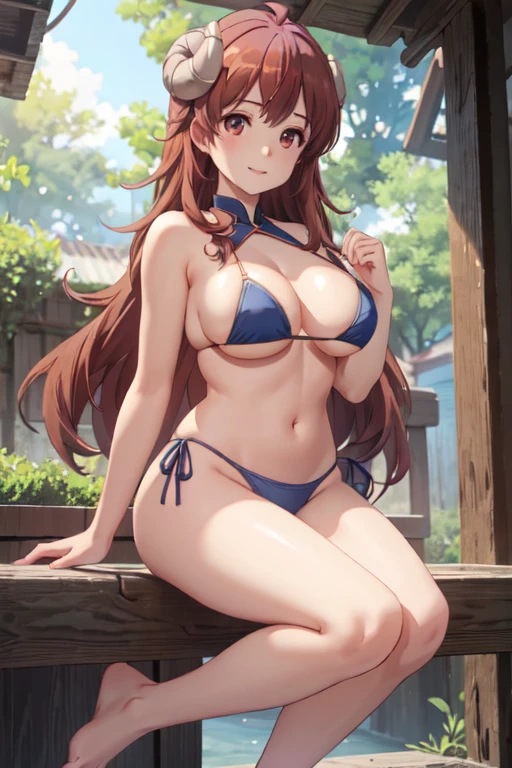 masterpiece, best quality, ultra detailed, highres, extremely detailed CG unity 8k wallpaper, perfect lighting,  very detailed background, Outdoor、beautiful and aesthetic,sharp focus, perfect face, Perfect hands、Perfect Fingers、Perfect toes、Five fingers、
1lady、 smiling、
short light brown hair, large red eyes、delicate oval face、(large breasts:1.1)、Underlim figure、underboob、
light blue triangle bikini、Seaside、
thin thong、barefoot、kneeing
Ambient light、Volumetric Light、shoot from side、(Glowing Skin:1.3)