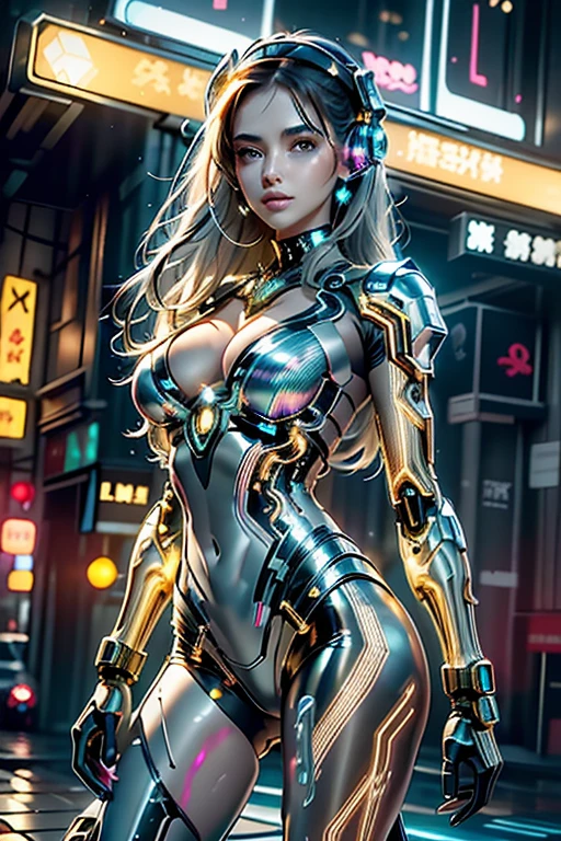 best quality,Masterpiece,very high,only,1 Girl in Bikini Cyber Robot Metal,Neon Reflex,Translucent and shiny metallic pattern,,(Translucent magnetic line:1.2),(Gray silver gold and shimmering light effects.:1.2),