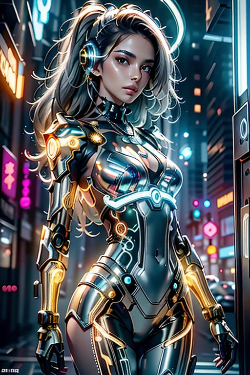 best quality,Masterpiece,very high,only,1 Girl in Bikini Cyber Robot Metal,Neon Reflex,Translucent and shiny metallic pattern,,(Translucent magnetic line:1.2),(Gray silver gold and shimmering light effects.:1.2),