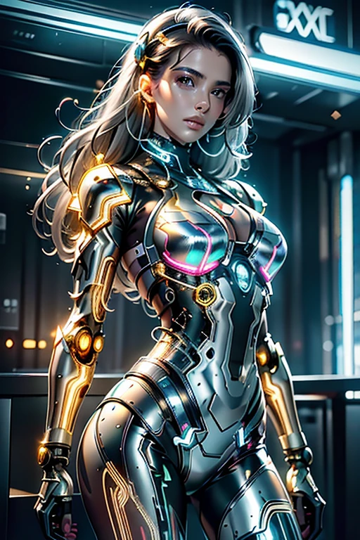 best quality,Masterpiece,very high,only,1 Girl in Bikini Cyber Robot Metal,Neon Reflex,Translucent and shiny metallic pattern,,(Translucent magnetic line:1.2),(Gray silver gold and shimmering light effects.:1.2),