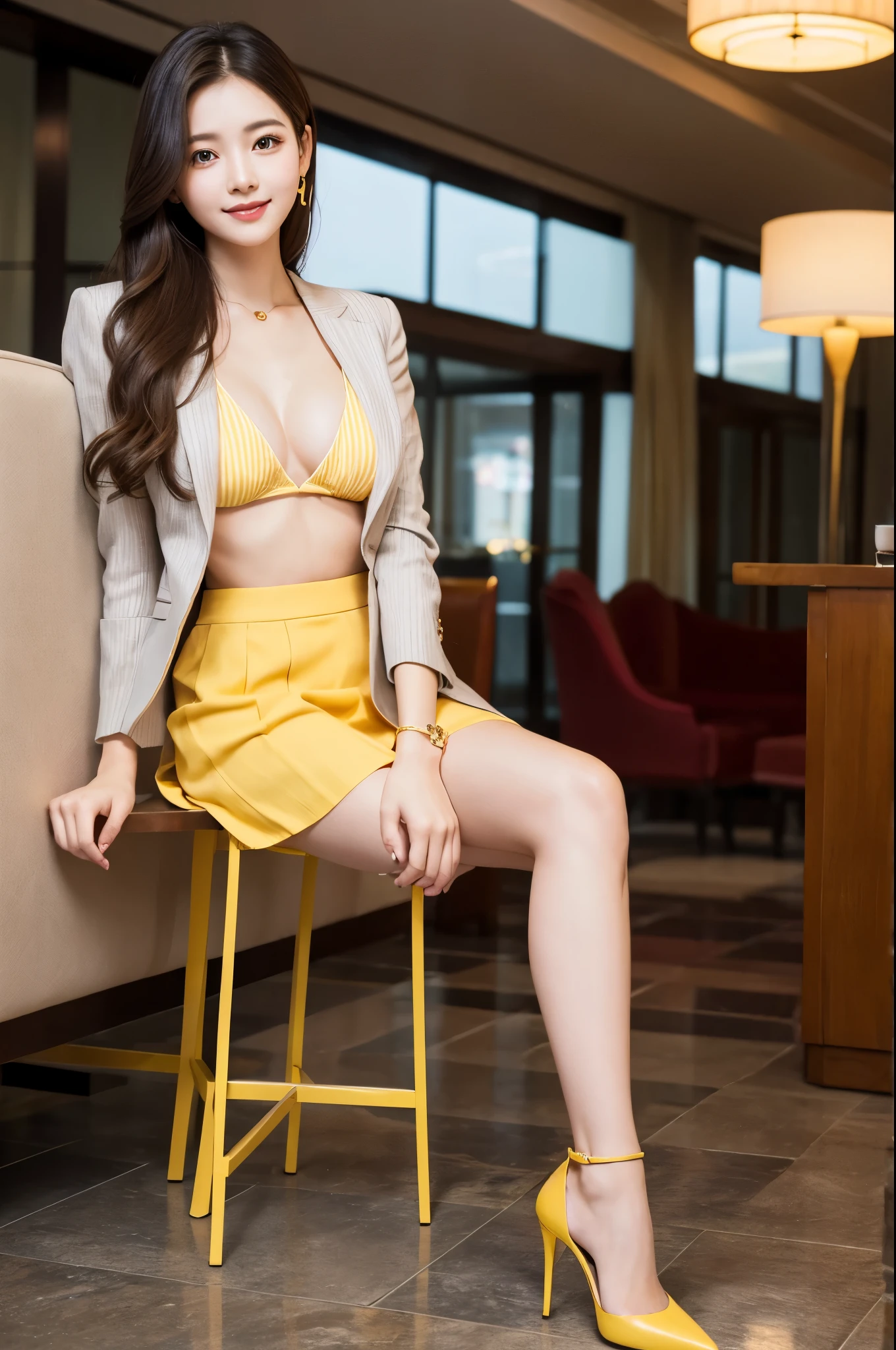 Hotel Lobby、Woman kneeling、Tightly knit hair、Pale yellow striped suit、Short skirt、Cleavage(Very large breasts、Very thin and long legs、Perfect figure、High heels、whole body、smile)、1 female、No makeup、23 years old、(masterpiece、8K,RAW Photos、High resolution:1.4)、The soft look enhances the calm expression of a woman.。