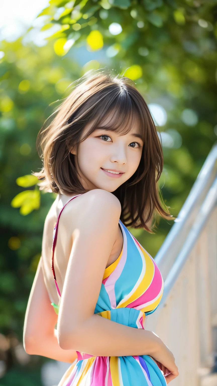 Sexy Big 、Sexy cute looks and cute 15 year old beautiful girl, beautiful and sexy face、A strong wind blows my hair in front of my face、With short blonde hair、beautiful, Cute and sexy eyes hidden behind long bangs、Colorful Dresses