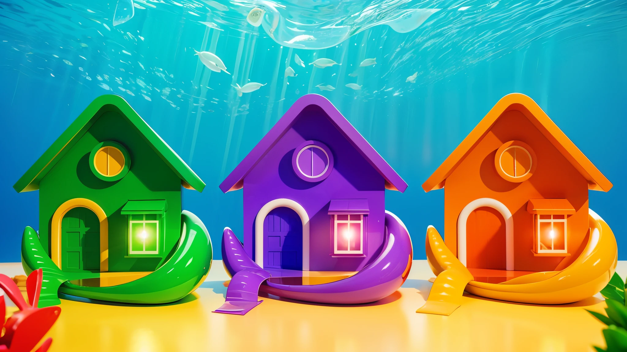 The image depicts three houses made of fish tails, sitting on the ocean floor. The left house is green, the middle one is purple, and the right one is orange. 3d underwater world algae sand. The image depicts a 3D rendered illustration of a boy and a girl with their hands shaped in the shape of a heart. They are both smiling and have red hair. The background is blue. cartoon characters stand next to each other, Electricsbunny, Holographic creatures, Beeple and Jeremiah Ketner, 🐋 as 🐘 as 🤖 as 👽 as 🐳, matte, Rabbids, cute 3D rendering, 3D icon for mobile game, robot rabbit, Shiny metallic, 3D персонажи violet cat toy, toy cat laying on glossy , glossy texture, smooth 3d model, multiple light sources, rim light, sharp post effects render, (glossy  big light probe refractions), perfect cgi, cgi art created only with gradients, smooth silhouette, high intensity refraction, ( ), most beautiful vfx, blue background