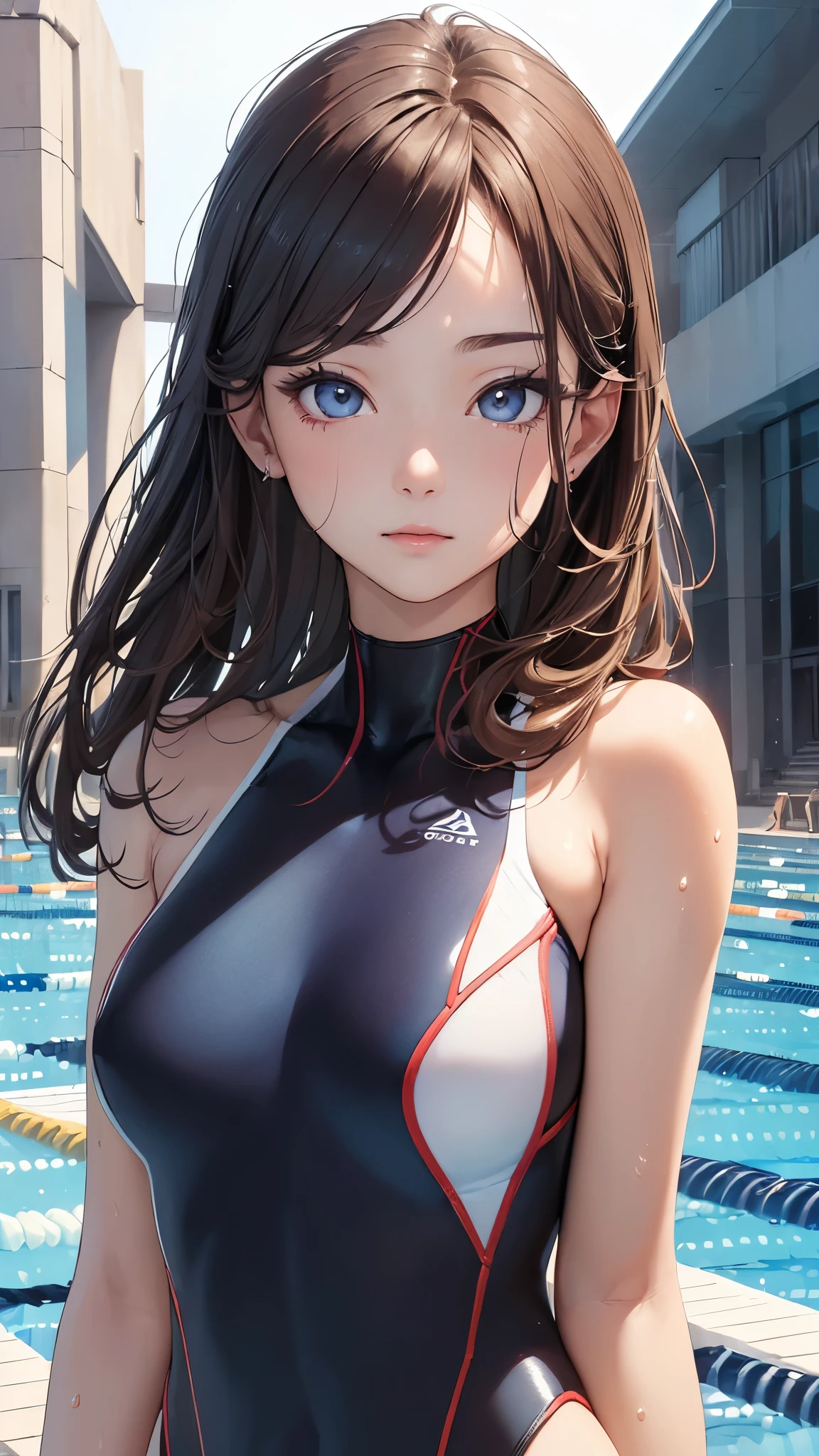 (((masterpiece))),(((High resolution)))、(((perfect face)))、(((Beautiful woman swimmer))), look at the camera, ((top quality eyes)), ((detailed face)), (detailed texture)