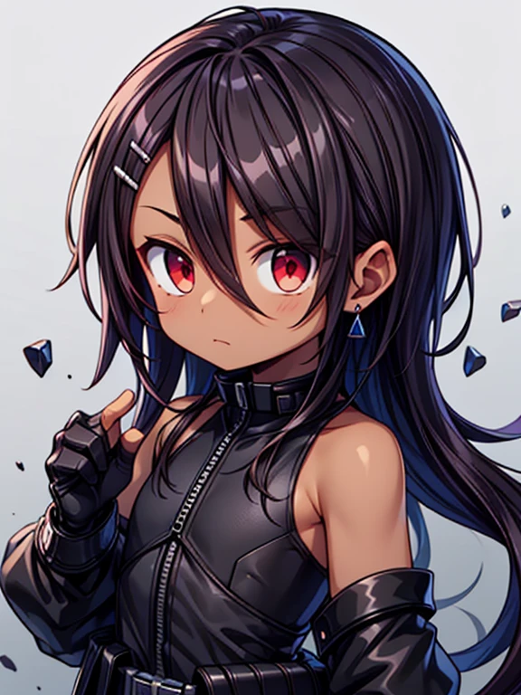 Masterpiece High res, high definition, (((dark skin tone))),dark skin male, dark skin, cute shota,red eyes, black hairpin, brown hair, medium dark brown hair,wearing a black exoskeleton, detached sleeves, black armoured Gauntlets, black tech jacket, black bodysuit,black exoskeleton, black fingerless gloves, blue gems, 
