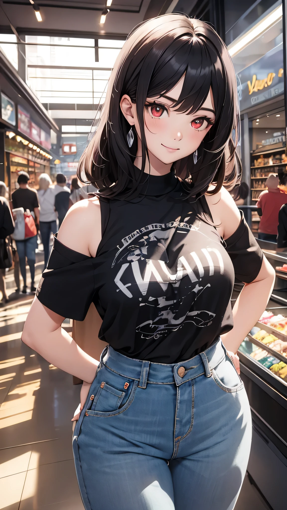 最high quality、Best image quality、masterpiece、girl((18-year-old、 By becoming、Best Bust、Medium Bust,Wide open breast tea、Red glowing eyes,Black Hair、Red Mesh、Disheveled Hair、Lointail、thin,The highest valley、Open chest、Luminous Wristbands、hair ornaments、Show the whole body,Black short sleeve T-shirt、Wear a shoulder bag、Short denim trousers、Leaning forward、smile、Disheveled,Hands on hips、turn around、peace sign)),high quality、Beautiful art、background((Beautiful sun、sunlight、Large shopping malls、squirt))、Flight、Flying debris、Written boundary depth、movie、Visual Arts、Perfect art、8K,Genuine,