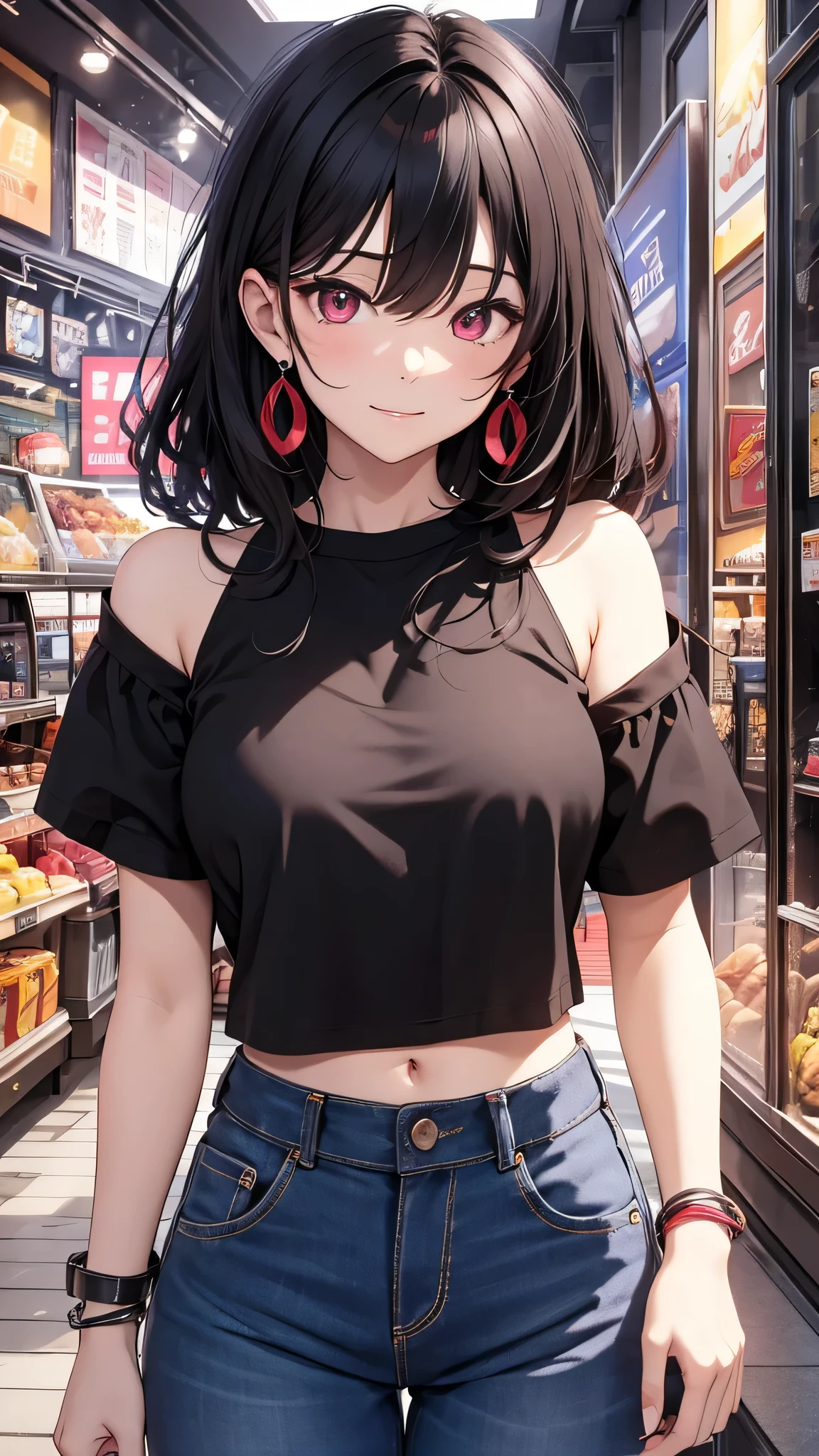 最high quality、Best image quality、masterpiece、girl((18-year-old、 By becoming、Best Bust、Medium Bust,Wide open breast tea、Red glowing eyes,Black Hair、Red Mesh、Disheveled Hair、Lointail、thin,The highest valley、Open chest、Luminous Wristbands、hair ornaments、Show the whole body,Black short sleeve T-shirt、Wear a shoulder bag、Short denim trousers、Leaning forward、smile、Disheveled,Hands on hips、turn around、peace sign)),high quality、Beautiful art、background((Beautiful sun、sunlight、Large shopping malls、squirt))、Flight、Flying debris、Written boundary depth、movie、Visual Arts、Perfect art、8K,Genuine,