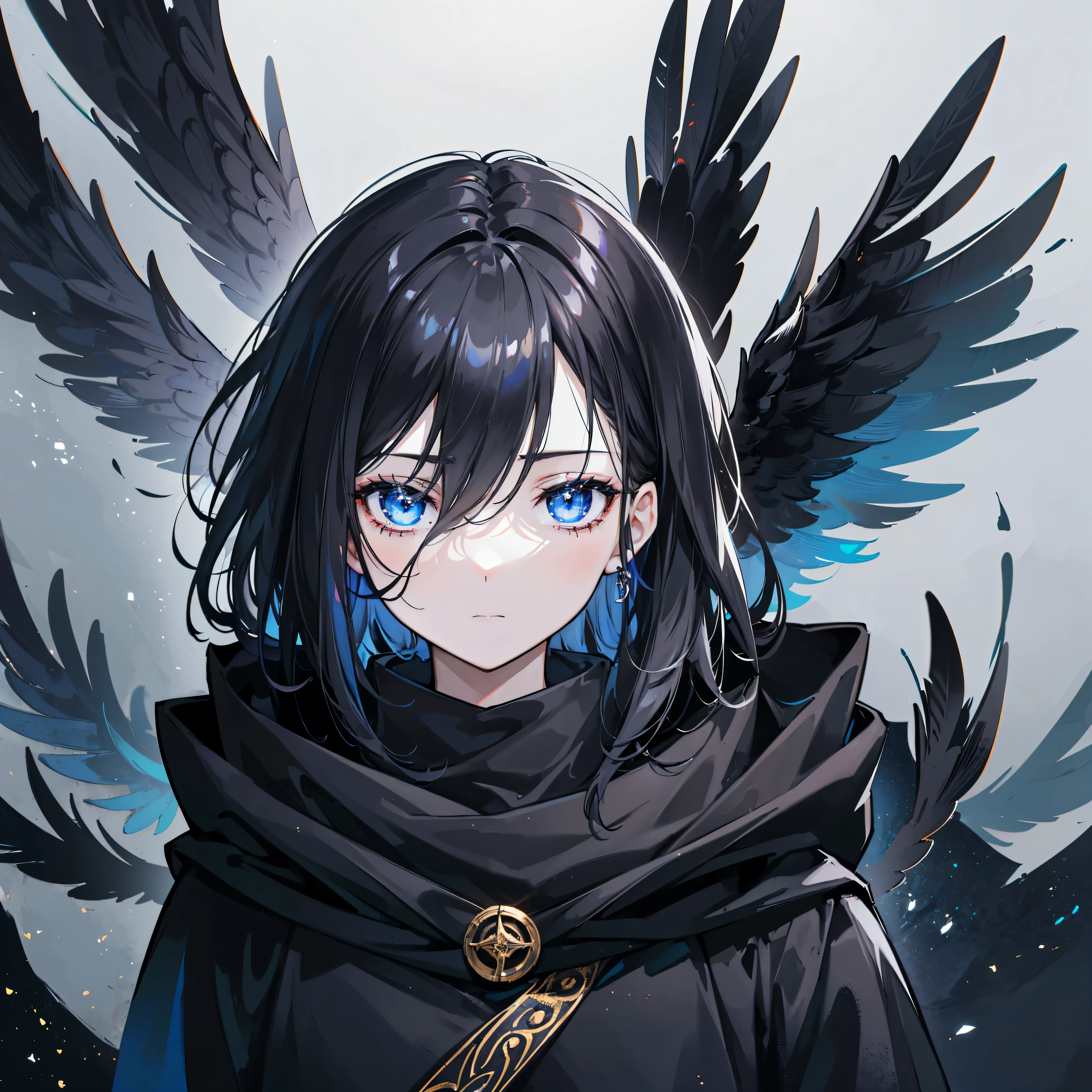 Young people, Eye of the Galaxy, (One-person composition:1.5), Masks on the face, Black background, Expressionless, Black Hair, Wear a black cloak, When you look to the side, Side view, sorrow, sad, Upper Body, Black feathers flying