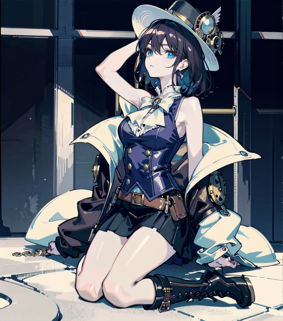 absurdres, RAW photo, extremely delicate and beautiful, masterpiece, Best Quality, ultra high resolution, 32k, hyperrealistic, ultra-detailed, detailed description, pale skin, 20 years old, detailed beautiful face and eyes, tearful mole, earring, Colossal tits, short medium hair, wavy hair, full body shot, alone, steampunk fashion, waistcoat, blouse, hat, boots, short skirt, bare shoulder,