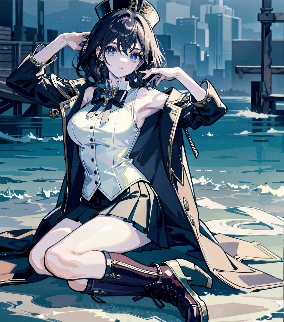 absurdres, RAW photo, extremely delicate and beautiful, masterpiece, Best Quality, ultra high resolution, 32k, hyperrealistic, ultra-detailed, detailed description, pale skin, 20 years old, detailed beautiful face and eyes, tearful mole, earring, Colossal tits, short medium hair, wavy hair, full body shot, alone, steampunk fashion, waistcoat, blouse, hat, boots, short skirt, bare shoulder,