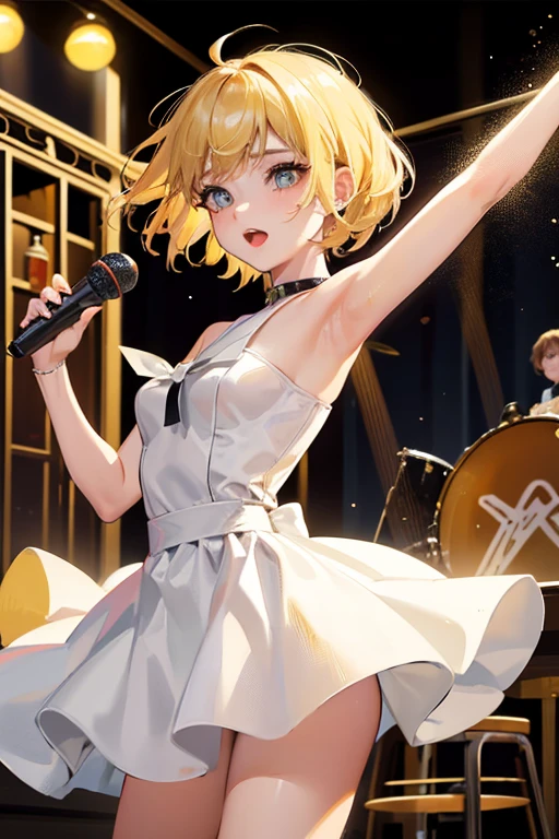 1girl,solo,cool,blond hair and short hair,dress up,make up,she holding a microphone,she sing a song,jazz bar,on the stage,