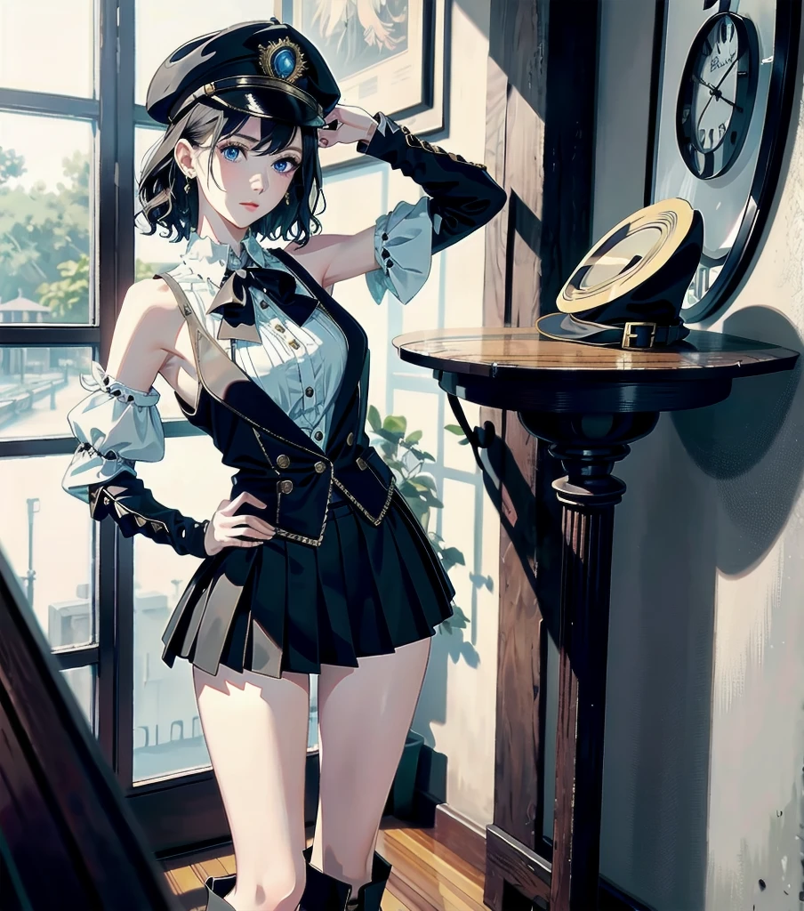absurdres, RAW photo, extremely delicate and beautiful, masterpiece, Best Quality, ultra high resolution, 32k, hyperrealistic, ultra-detailed, detailed description, pale skin, 20 years old, detailed beautiful face and eyes, tearful mole, earring, Colossal tits, short medium hair, wavy hair, full body shot, alone, steampunk fashion, waistcoat, blouse, hat, boots, short skirt, bare shoulder,