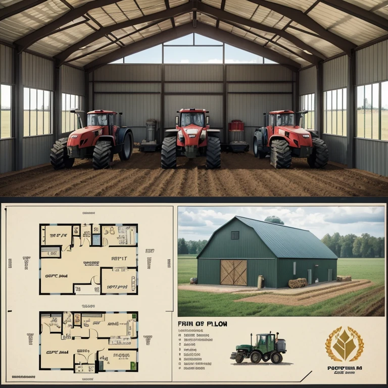 Design a Farm Workshop and Machinery Shed (Floor plan) that can accommodate: 1 Pickup, 2 Tractors with three plows, 2 Disk tractors 3m, 2 Corn (one-row, pull-type), and 2 Wagons (Box and gear, high wheel).