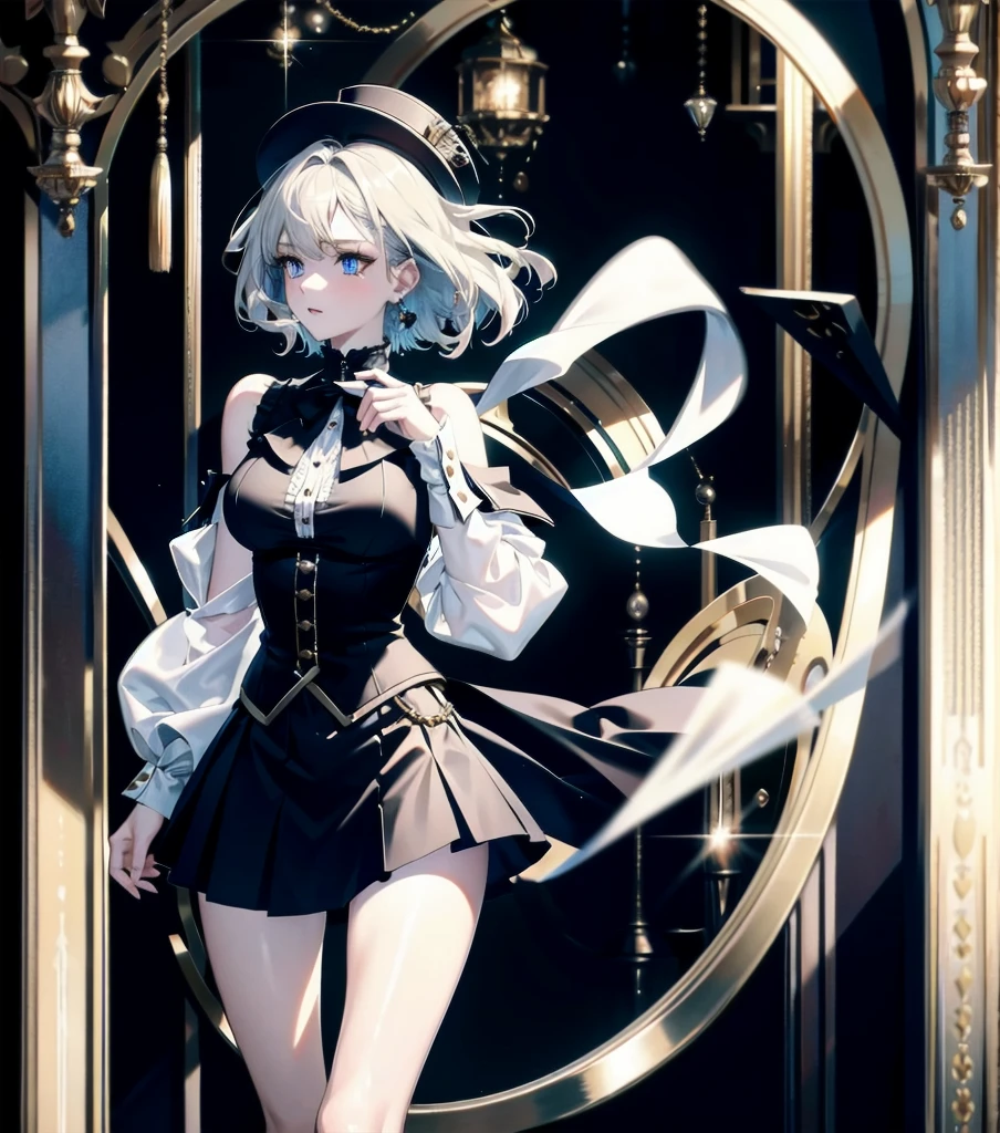 absurdres, RAW photo, extremely delicate and beautiful, masterpiece, Best Quality, ultra high resolution, 32k, hyperrealistic, ultra-detailed, detailed description, pale skin, 20 years old, detailed beautiful face and eyes, tearful mole, earring, Colossal tits, short medium hair, wavy hair, full body shot, alone, steampunk fashion, waistcoat, blouse, hat, boots, short skirt, bare shoulder,
