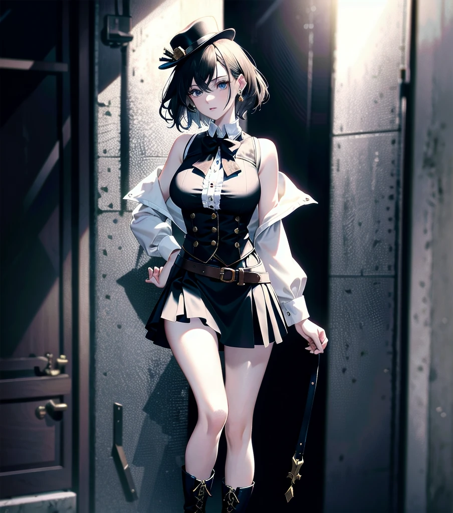 absurdres, RAW photo, extremely delicate and beautiful, masterpiece, Best Quality, ultra high resolution, 32k, hyperrealistic, ultra-detailed, detailed description, pale skin, 20 years old, detailed beautiful face and eyes, tearful mole, earring, Colossal tits, short medium hair, wavy hair, full body shot, alone, steampunk fashion, waistcoat, blouse, hat, boots, short skirt, bare shoulder,