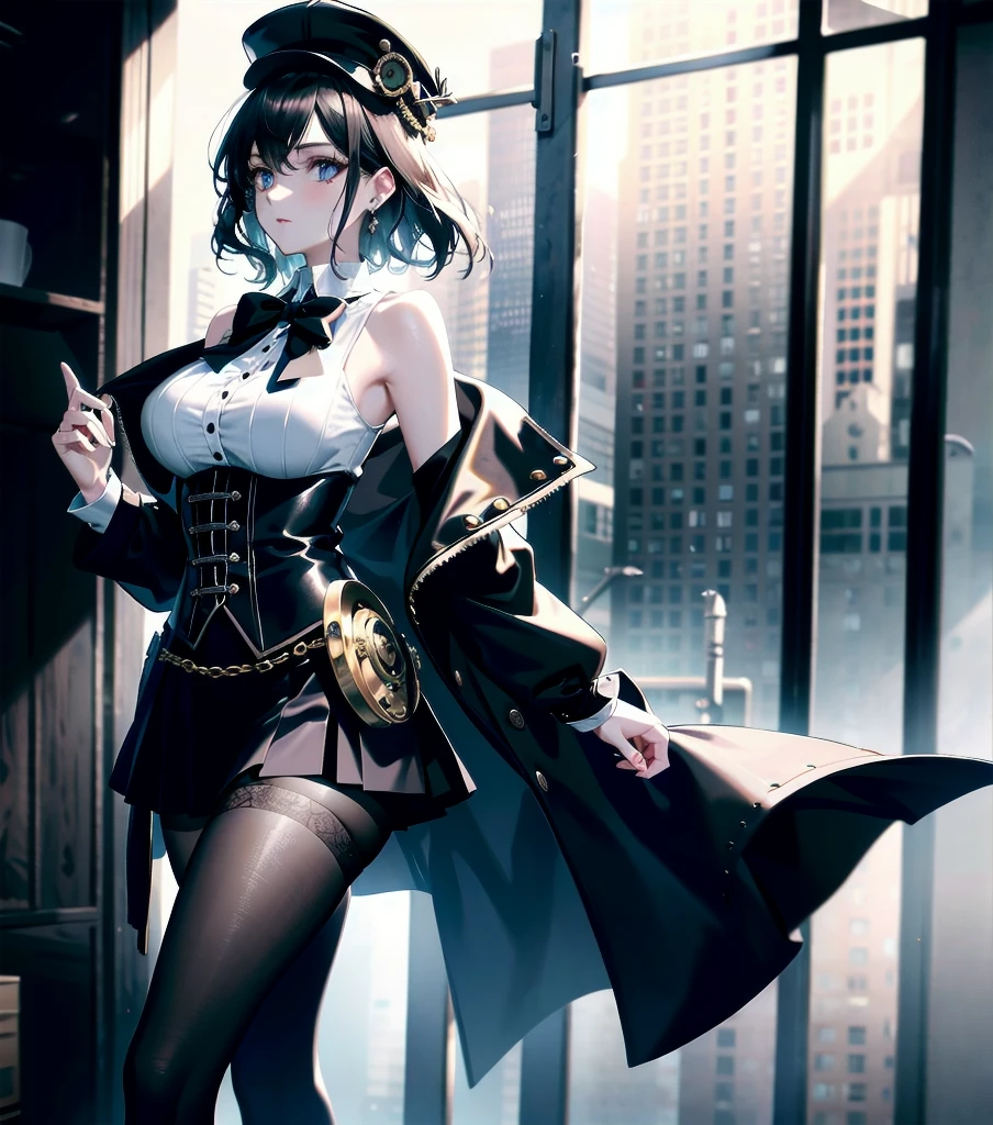absurdres, RAW photo, extremely delicate and beautiful, masterpiece, Best Quality, ultra high resolution, 32k, hyperrealistic, ultra-detailed, detailed description, pale skin, 20 years old, detailed beautiful face and eyes, tearful mole, earring, Colossal tits, short medium hair, wavy hair, full body shot, alone, steampunk fashion, waistcoat, blouse, hat, boots, short skirt, bare shoulder,