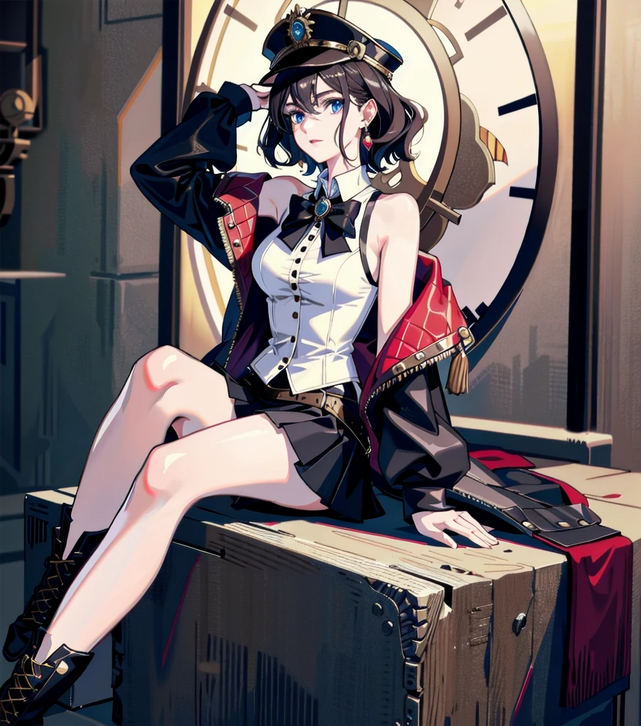 absurdres, RAW photo, extremely delicate and beautiful, masterpiece, Best Quality, ultra high resolution, 32k, hyperrealistic, ultra-detailed, detailed description, pale skin, 20 years old, detailed beautiful face and eyes, tearful mole, earring, Colossal tits, short medium hair, wavy hair, full body shot, alone, steampunk fashion, waistcoat, blouse, hat, boots, short skirt, bare shoulder,